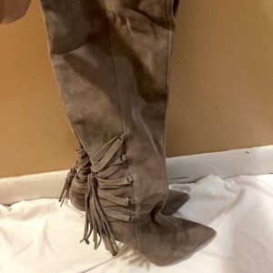 Pink suede knee high boots